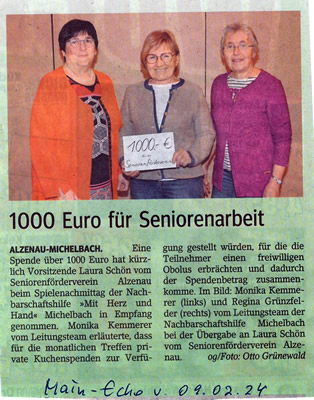 Spende 1000 für Seniorenarbeit